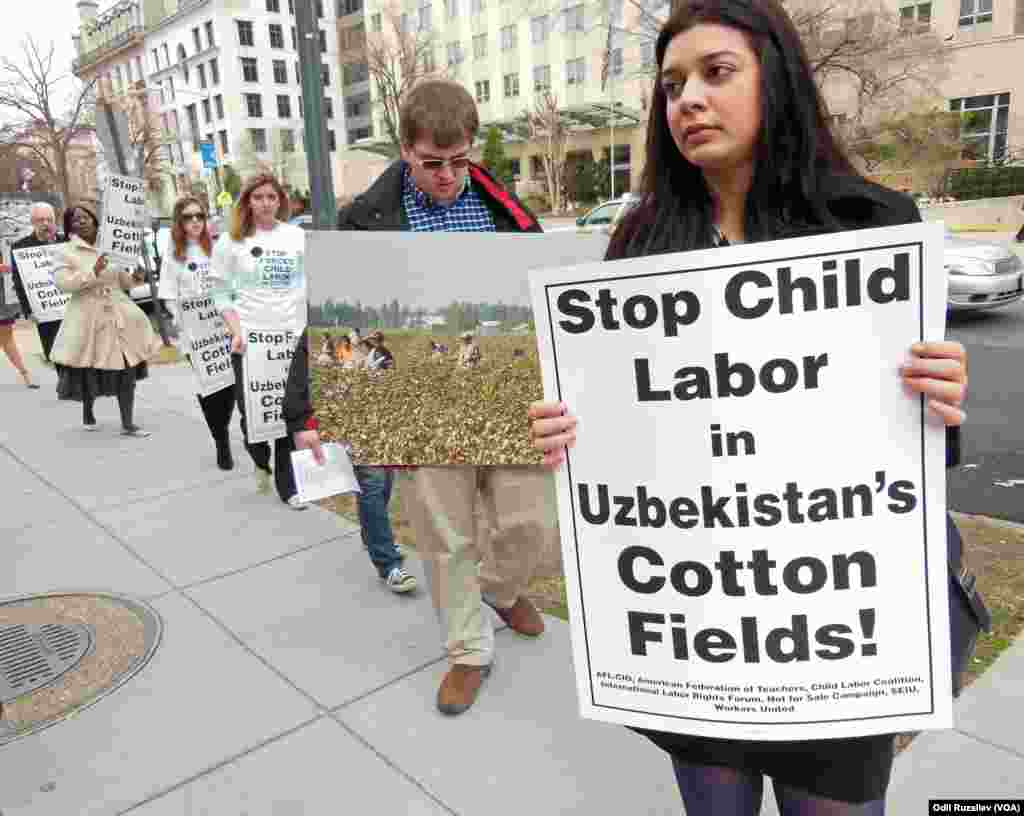 O'zbekiston elchixonasi qarshisida respublika paxta dalalarida bolalar majburiy mehnatiga qarshi namoyish, Vashington, 11-mart, 2013-yil.