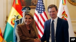 La presidenta interina boliviana, Jeanine Áñez se da la mano con David Hale, subsecretario de Estado de Asuntos Políticos de EE.UU, en el palacio presidencial en La Paz, Bolivia, el martes 21 de enero de 2020.