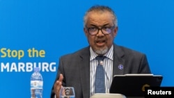 Mkurugenzi wa WHO Tedros Adhanom Gebreyesus akizungumza katika mkutano wa waandishi wa habari mjini Kigali kuhusu mlipuko wa Marburg, Oktoba 20, 2024. Picha ya Reuters