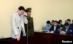 U.S. student Otto Warmbier cries at court in an undisclosed location in North Korea, in this photo released by North Korea's Korean Central News Agency (KCNA) in Pyongyang on March 16, 2016.