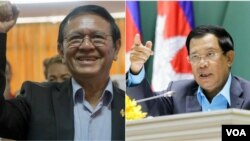 រូបឯកសារ៖ លោក កឹម សុខា ប្រធាន​ស្តីទីគណបក្ស​សង្គ្រោះ​ជាតិ (ឆ្វេង) និង លោក​នាយករដ្ឋមន្ត្រី ហ៊ុន សែន (ស្តាំ)។ (ឡេង ឡែន/VOA)