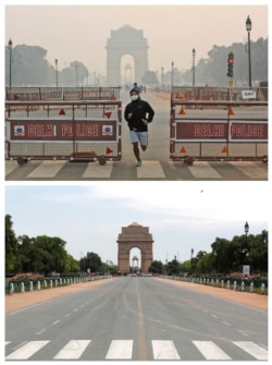 This combination of Monday, Oct. 28, 2019, top, and Monday, April 20, 2020 photos shows India Gate in New Delhi. India's air quality improved drastically during a nationwide lockdown to curb the COVID-19 coronavirus. (AP Photo/Manish Swarup)
