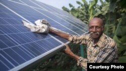 Ramanbhai Parmar, has become the first farmer to sell energy back to the power grid from the solar panels that drive his water pump in Anand district, Gujrat, India, June 8, 2015. (International Water Management Institute photo, Prashanth Vishwanathan)