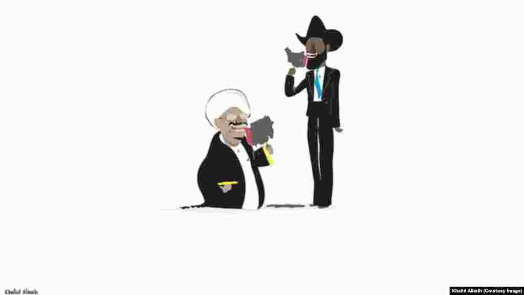Le président soudanais Omar al-Béchir et le président sud-soudanais Salva Kiir léchent la crème glacée en forme de leur pays sur cette caricature de l'artiste soudanais Khalid Albaih.