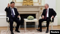 俄羅斯總統普京在莫斯科克里姆林宮會見到訪的中國領導人習近平。（2023年3月20日）