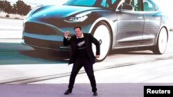 资料照：特斯拉创始人马斯克在上海的一次特斯拉电动车的销售活动上。（2020年1月7日）