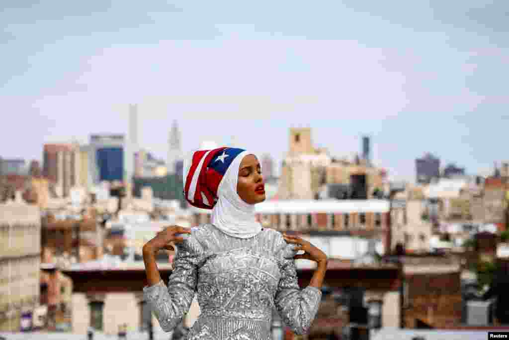 Fashion model and former refugee Halima Aden poses during a shoot at a studio in New York City.