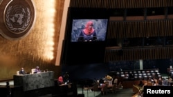 Presiden Tanzania Samia Suluhu Hassan berpidato di hadapan Sidang ke-76 Majelis Umum PBB di New York, 23 September 2021.