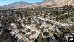FILE - The remains of residences destroyed by the Eaton Fire line a neighborhood in Altadena, Calif., on Jan. 21, 2025. 