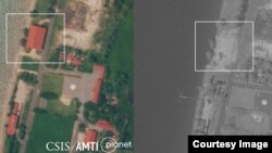 Before and after: Satellite imagery shows the Rigid-Hulled Inflatable Boat Maintenance Facility at Ream naval base was still standing on October 1 but had been completely dismantled by November 4. (Courtesy of CSIS Asia Maritime Transparency Initiative) 