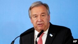 FILE - U.N. Secretary-General António Guterres speaks during a press conference in London, May 11, 2017. 