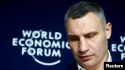 Mayor of Kyiv Klitschko addresses news conference, in Davos
