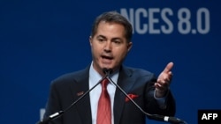 FILE - Students and professors at the University of Nevada-Las Vegas called on university President Len Jessup, pictured speaking at an energy summit in Las Vegas in August 2015, to punish instructor Matt Buch for his remarks about students who were in the United States illegally.