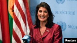 L’ambassadrice des Etats-Unis aux Nations Unies, Nikki Haley, lors d'une conférence à New York, le 20 septembre 2018.