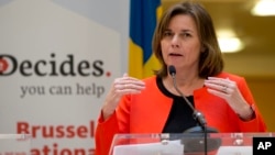 Sweden's Vice Premier Isabella Lovin speaks during a media conference, titled "She Decides," at the Egmont Palace in Brussels, March 2, 2017. Nations pledged tens of millions of dollars at an international family planning conference in Brussels aimed at making up for the gap left by President Donald Trump's ban on U.S. funding to groups linked to abortion. 