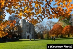Fall foliage on Parrish Beach and Clothier Hall on the campus of Swarthmore College.