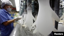 FILE - A worker inspects gloves at a Top Glove factory in Klang outside Kuala Lumpur, Malaysia, Jan. 11, 2010.