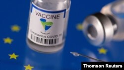 FILE PHOTO: Vials labelled "Sinopharm coronavirus disease (COVID-19) vaccine" placed on displayed EU flag are seen in this illustration picture