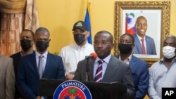 Interim President Claude Joseph speaks during a press conference at his residence in Port-au-Prince, Haiti, Thursday, July 8, 2021. Joseph, who assumed leadership of Haiti with the backing of police and the military after the assasination of President…