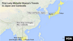 Map showing destinations of Michelle Obama's trip to Asia