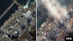Las imágenes satelitales muestran la planta Fukushima Dai-ichi en noviembre de 2004 a la derecha y a la izquierda se observa al reactor 3 humeante el lunes 14 de marzo de 2011.