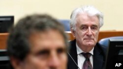 Arhiva - Bivši vođa bosanski Srba Radovan Karadžić ulzi u sudnicu Haškog tribunala, u Hagu, Holandija, 24. aprila 2018.