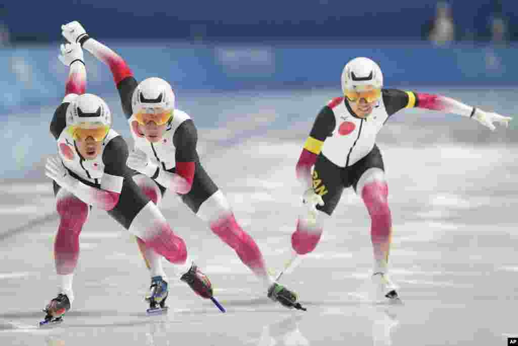 Japan team competes during the men's team sprint at the Speed Skating during the 9th Asian Winter Games in Harbin, China.