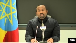 This frame grab from a video obtained from the Ethiopian Public Broadcaster on Nov. 4, 2020, shows Prime Minister Abiy Ahmed saying he was ordering a military response to an attack by the ruling party of Tigray on a federal camp.