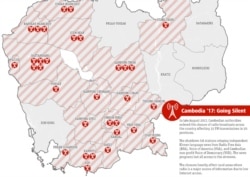 A map shows the 32 FM frequencies affected by the closure of relay stations that broadcast VOA, RFA, and VOD. (Courtesy: LICADHO)