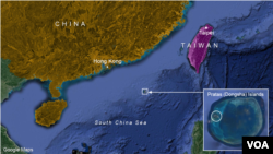东沙岛（Pratas Islands）在南中国海的地理位置示意图（方块处）。