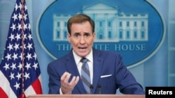 John Kirby speaks at a press briefing at the White House in Washington