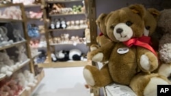 In this Tuesday, Nov. 13, 2018 photo, Steiff teddy bears are on display during a media preview of the new FAO Schwarz store at Rockefeller Center in New York. (AP Photo/Mary Altaffer) 