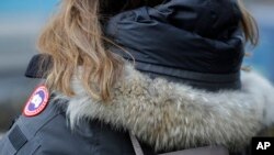 In this Feb. 14, 2019 photo, a woman in New York wears a Canada Goose coat with a hood fur trimmed with coyote fur. (AP Photo/Frank Franklin II)