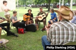 Musicians play in a jam session at the Augusta Heritage Music Festival.