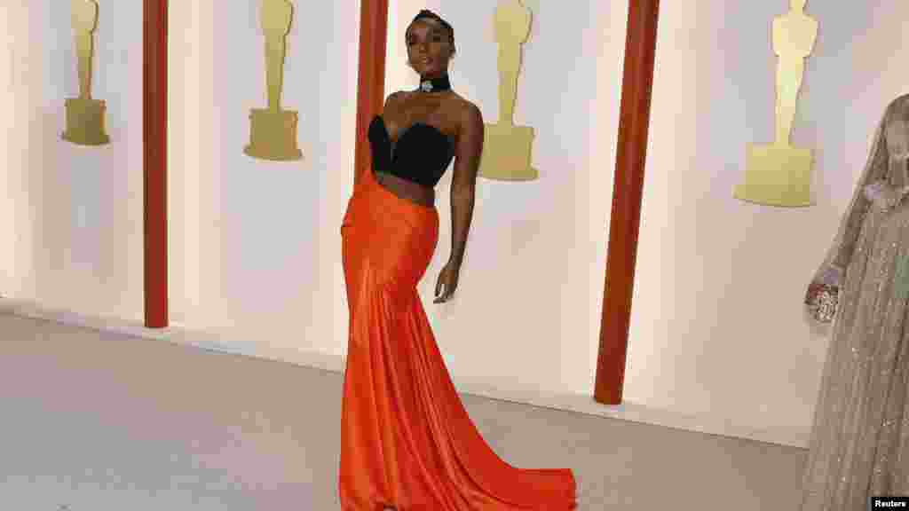 Janelle Monae poses on the champagne-colored red carpet during the Oscars arrivals at the 95th Academy Awards in Los Angeles, March 12, 2023.(Photo by Eric Gaillard/Reuters)