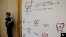 A police officer stands guard at the French Interior Ministry during a ministerial level G-7 meeting in Paris, France, April 4, 2019. 