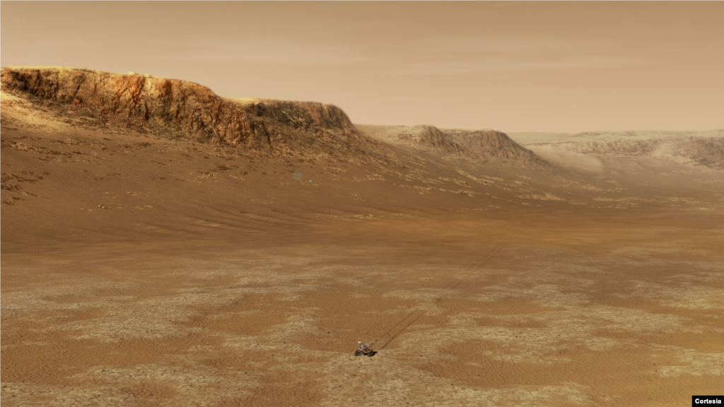 Ilustración del rover explorando el interior del cráter Jezero de Marte. El cráter de 45 kilómetros de ancho se encuentra en el borde occidental de una llanura plana llamada Isidis Planitia. [Foto NASA/JPL-Caltech]