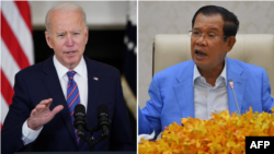 រូបឯកសារផ្គុំ៖ ប្រធានាធិបតីសហរដ្ឋអាមេរិកលោក Joe Biden ថ្លែងនៅសេតវិមានក្នុងរដ្ឋធានីវ៉ាស៊ីនតោន កាលពីថ្ងៃទី២ ខែមេសា ឆ្នាំ២០២១ និងនាយករដ្ឋមន្ត្រីកម្ពុជាលោក ហ៊ុន សែន ថ្លែងនៅក្នុងសន្និសីទសារព័ត៌មានមួយនៅវិមានសន្តិភាព រាជធានីភ្នំពេញ កាលពីថ្ងៃទី ៧ ខែមេសា ឆ្នាំ ២០២០។ 