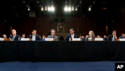 From left, Live Nation Entertainment, Inc. President and Chief Financial Officer Joe Berchtold, SeatGeek, Inc. Chief Executive Officer Jack Groetzinger, Jam Productions LLC Chief Executive Officer and President Jerry Mickelson, The James Madison Institute Senior Vice President Sal Nuzzo, American Antitrust Institute Vice President For Legal Advocacy Kathleen Bradish, and singer-songwriter Clyde Lawrence appear before a Senate Judiciary Committee hearing to examine promoting competition and protecting consumers in live entertainment on Capitol Hill in Washington, Tuesday, Jan. 24, 2023. (AP Photo/Andrew Harnik)