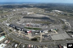 Daytona International Speedway is viewed the Goodyear Blimp, Wednesday, Feb. 12, 2025, in Daytona Beach, Fla. (AP Photo/Mark Long)