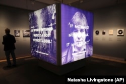 Part of the 'Rebel Sounds' exhibition, which explores how people used music to resist and rebel against war and oppression, is displayed at the Imperial War Museum in London, Wednesday, July 3, 2019.