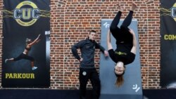 CUC director Lucas Dollfus poses next to student Zoe Simonnuti during a training session at France's Campus Univers Cascade (CUC), a training ground for stuntmen.REUTERS/Pascal Rossignol
