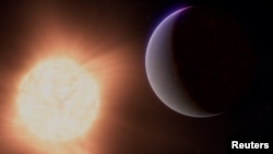An artist's concept shows the exoplanet 55 Cancri e, also called Janssen, a rocky planet much larger than Earth but smaller than Neptune, along with the star it orbits in this undated illustration released by NASA. (NASA, ESA, CSA, Ralf Crawford (STScI)/Handout via REUTERS)