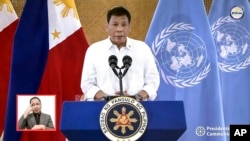 FILE - In this photo taken from video shown at United Nations headquarters, Rodrigo Duterte, president of the Philippines, remotely addresses the 76th session of the U.N. General Assembly in a pre-recorded message, Sept. 21, 2021.