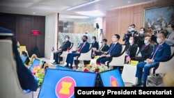Leaders of the Association of Southeast Asian Nations (ASEAN) meet in Jakarta, Indonesia, April 24, 2021, in the first coordinated international effort to ease the crisis in Myanmar. (Courtesy President Secretariat)