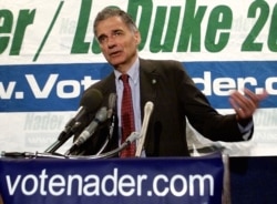 FILE - Green Party Presidential candidate Ralph Nader speaks during a press conference at the National Press Club in Washington, D.C., Sept. 25, 2000.