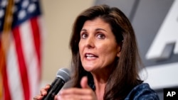 2023年6月27日，角逐共和黨總統候選人提名的前美國駐聯合國大使黑利(Nikki Haley)在美國企業研究所發表有關美國對華政策的演講。（美聯社）