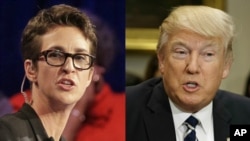 From left, MSNBC TV-show host Rachel Maddow and President Donald Trump.