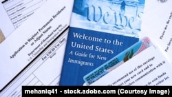 装在信封里的永久居民绿卡以及新移民申请表和指南。