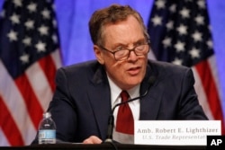 FILE - U.S. Trade Representative Robert Lighthizer speaks during a news conference at the start of NAFTA renegotiations in Washington, Aug. 16, 2017.